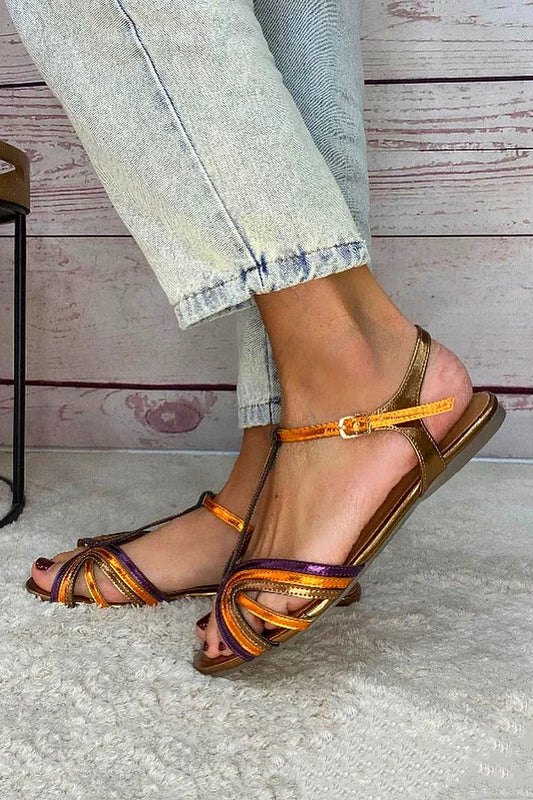 Rafaela™ - Sandalias peep toe multicolores y doradas con hebilla y correa en T - Oro