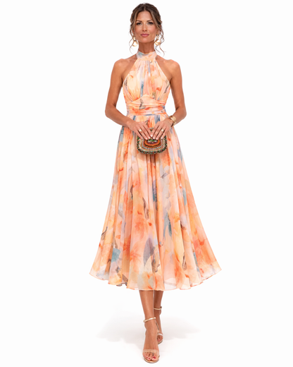 Aurora | Vestido con Cuello Halter y Estampado de Acuarela