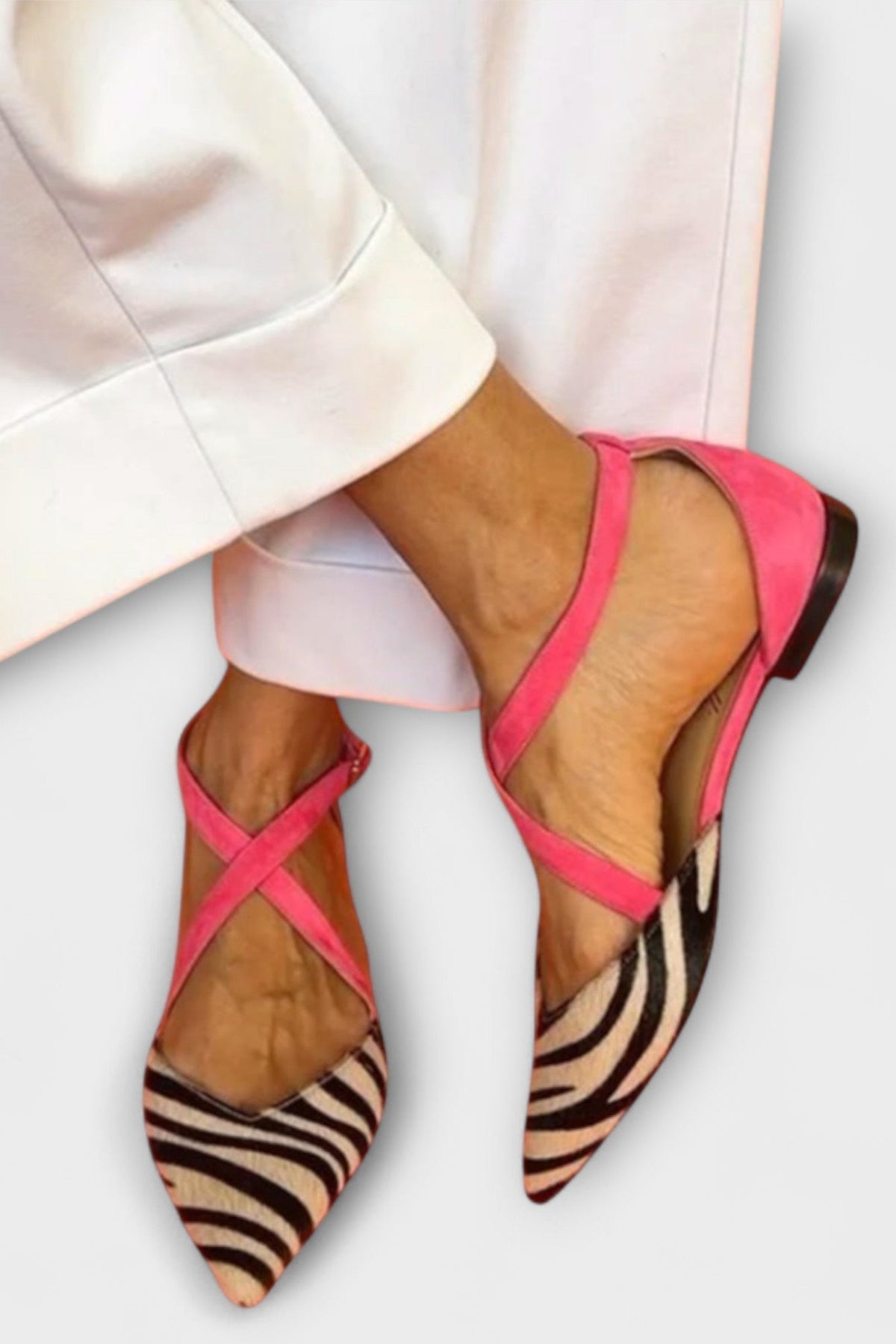 Fenna Bailarinas con Estampado de Cebra y Tiras Cruzadas
