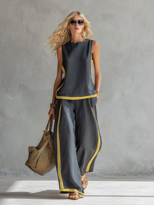 Natalia | Conjunto fluido gris con top sin mangas y pantalón ancho