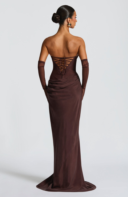 VESTIDO LARGO DRAPEADO ESPALDA CORSET