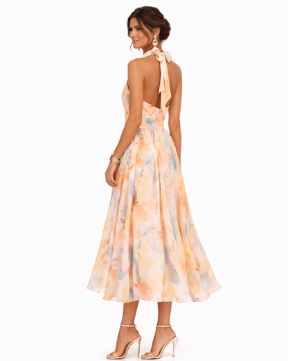 Aurora | Vestido con Cuello Halter y Estampado de Acuarela