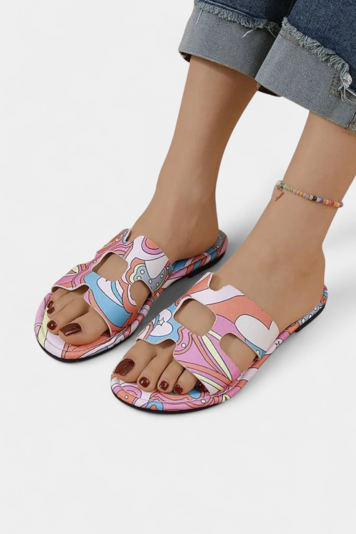 Berenice Sandalias Planas Multicolores con Estampado Tropical