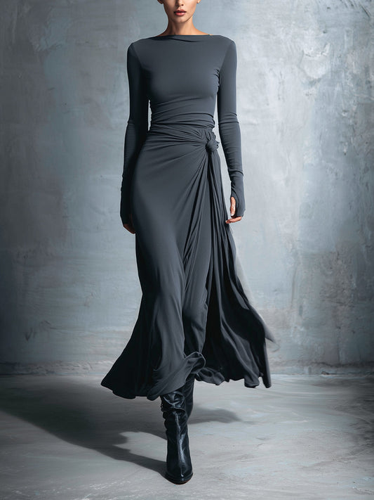 VESTIDO LARGO DRAPEADO CON NUDO LATERAL