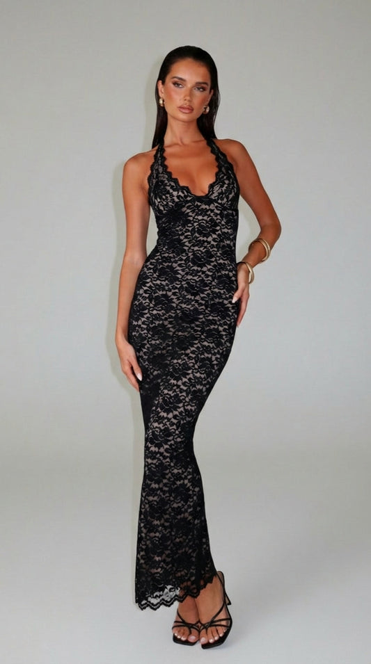 VESTIDO LARGO DE ENCAJE HALTER