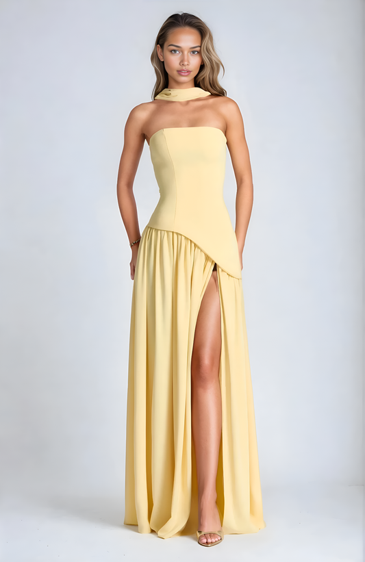 ADRIANA | VESTIDO LARGO ASIMÉTRICO CON ABERTURA