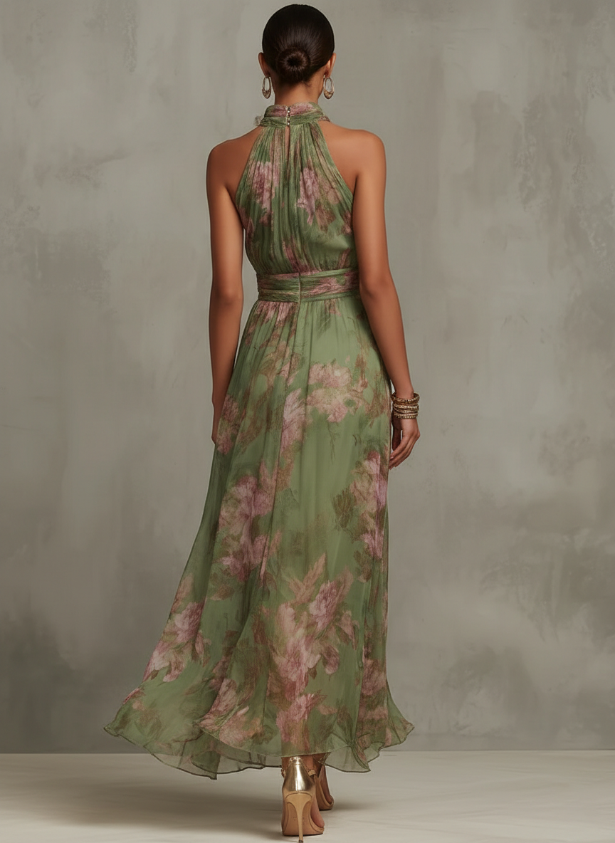 Livia | Vestido Largo con Cuello Halter y Estampado Floral