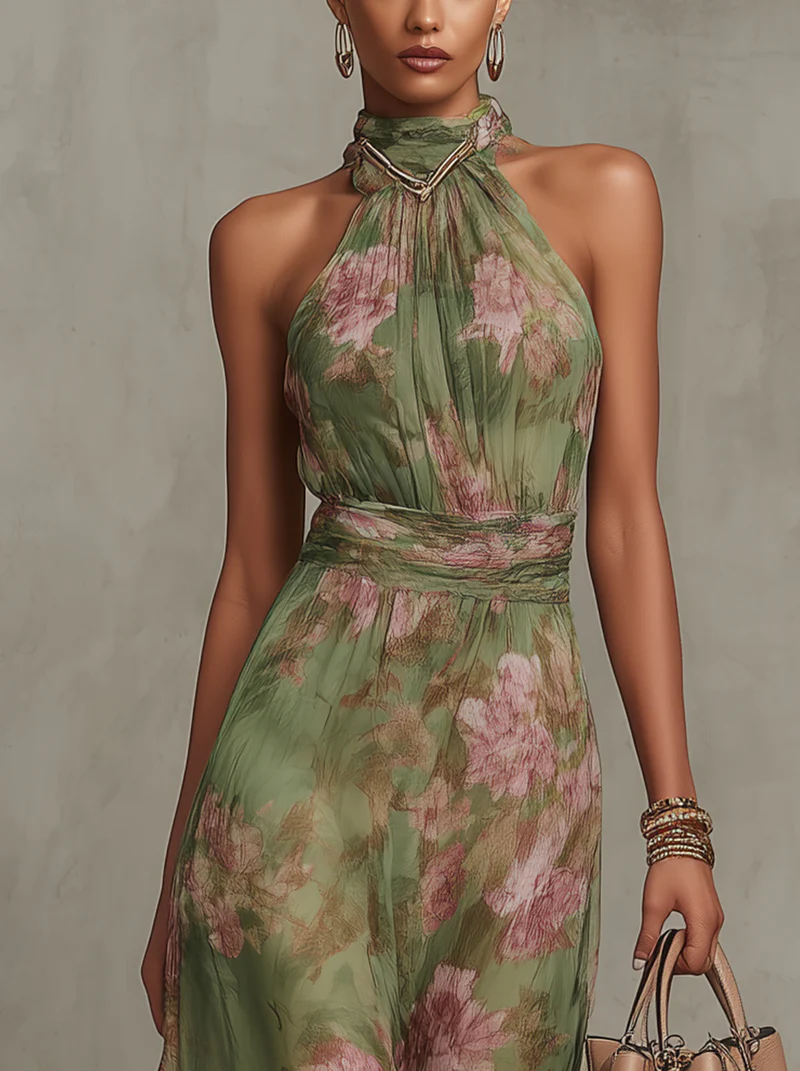 Livia | Vestido Largo con Cuello Halter y Estampado Floral