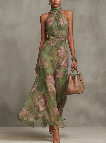Livia | Vestido Largo con Cuello Halter y Estampado Floral