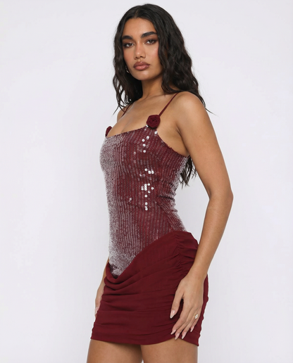 VESTIDO MINI CON LENTEJUELAS Y ESPALDA CORSET