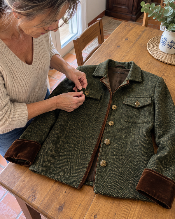 Dolores | Blazer de sarga con ribete en contraste · Imagen de estilo generada con IA