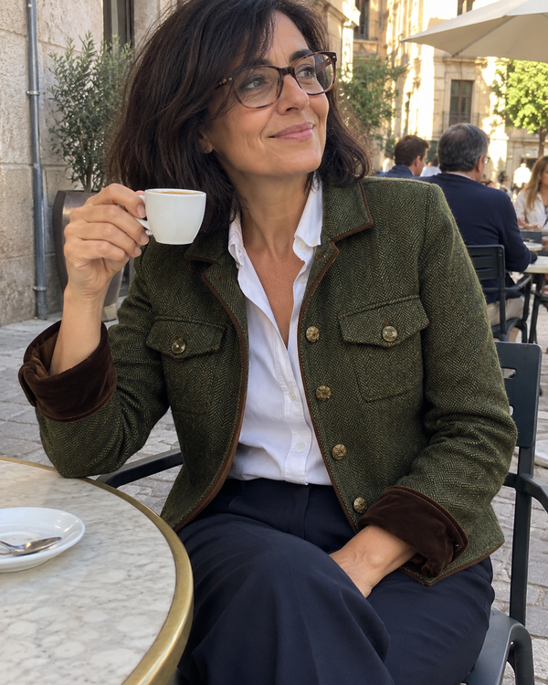 Dolores | Blazer de sarga con ribete en contraste · Imagen de estilo generada con IA