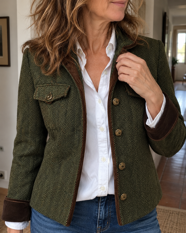 Dolores | Blazer de sarga con ribete en contraste · Imagen de estilo generada con IA