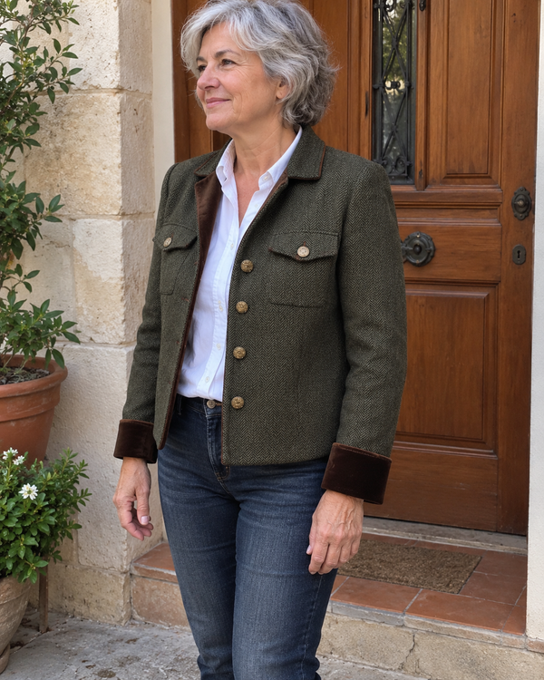 Dolores | Blazer de sarga con ribete en contraste · Imagen de estilo generada con IA