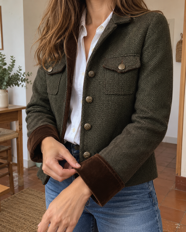 Dolores | Blazer de sarga con ribete en contraste · Imagen de estilo generada con IA