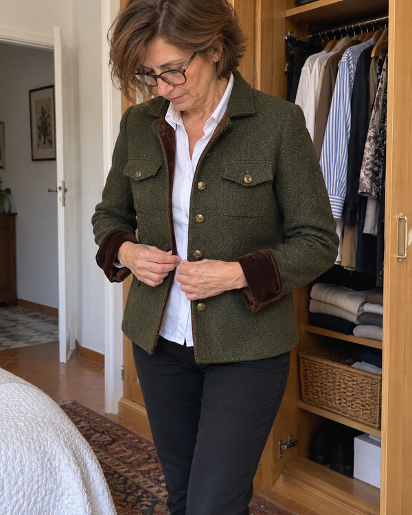 Dolores | Blazer de sarga con ribete en contraste · Imagen de estilo generada con IA