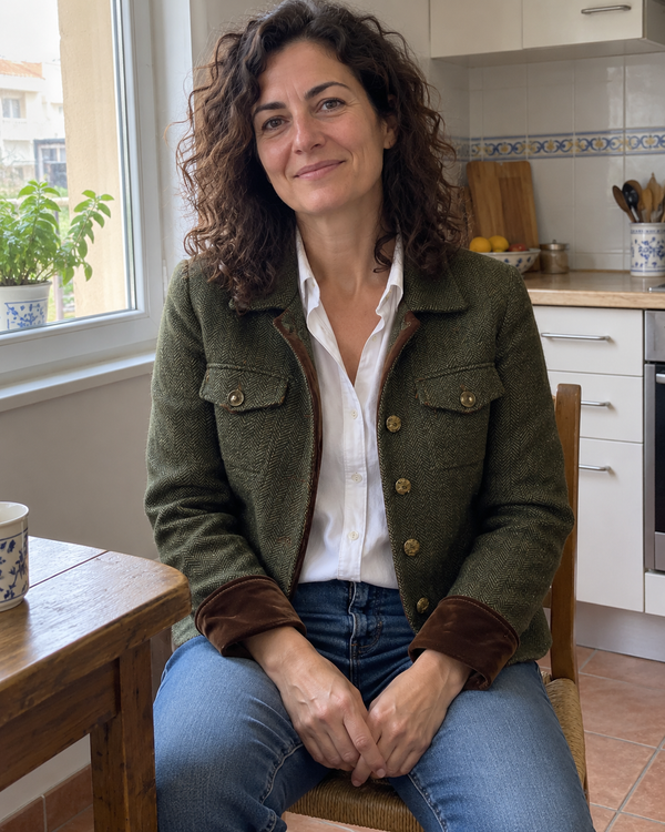 Dolores | Blazer de sarga con ribete en contraste · Imagen de estilo generada con IA