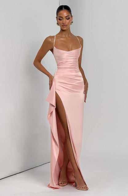 VESTIDO LARGO SATINADO CON ABERTURA