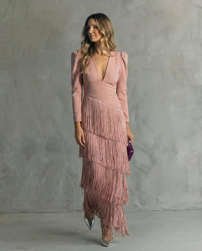 Chiara | Vestido Elegante de Mangas Con Flecos