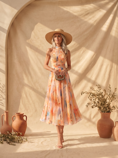 Aurora | Vestido con Cuello Halter y Estampado de Acuarela