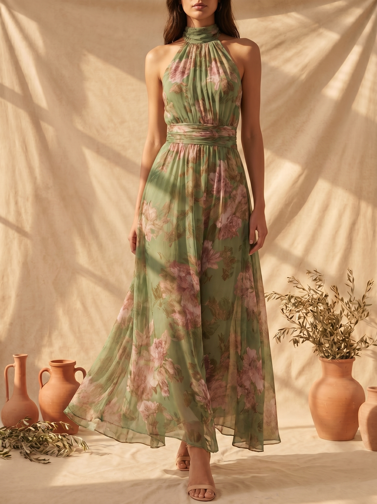 Livia | Vestido Largo con Cuello Halter y Estampado Floral