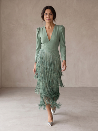 Chiara | Vestido Elegante de Mangas Con Flecos