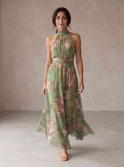 Livia | Vestido Largo con Cuello Halter y Estampado Floral