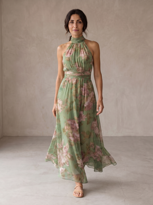 Livia | Vestido Largo con Cuello Halter y Estampado Floral