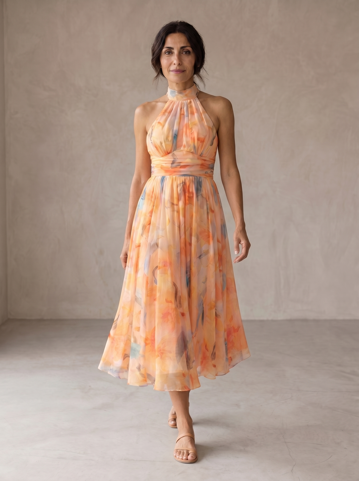 Aurora | Vestido con Cuello Halter y Estampado de Acuarela