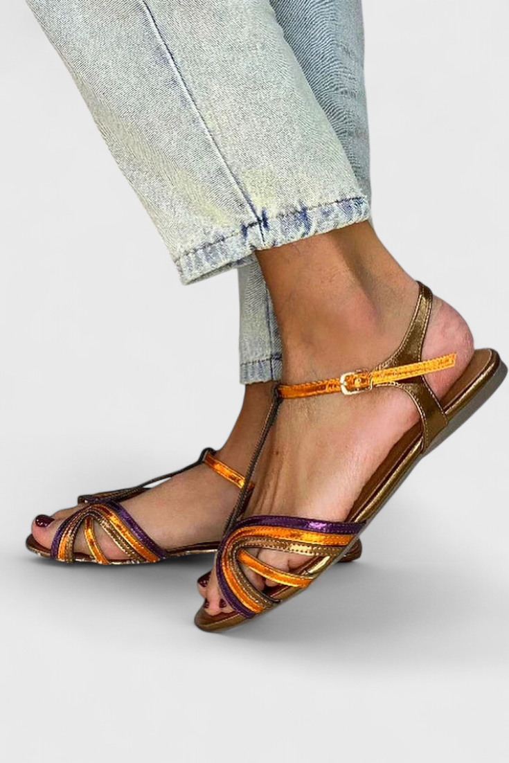 Raluca Sandalias Doradas con Correa en T Multicolor y Hebilla