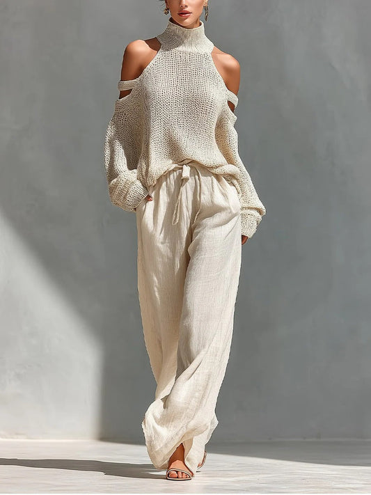 Camila | Conjunto elegante en punto y lino con pantalón amplio