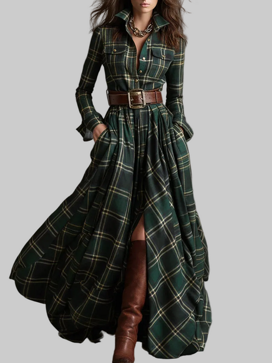 VESTIDO CAMISERO LARGO CUADROS CON CINTURÓN
