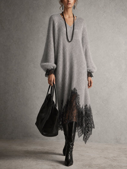 Vestido midi gris de punto con bajo de encaje — Imagen 1