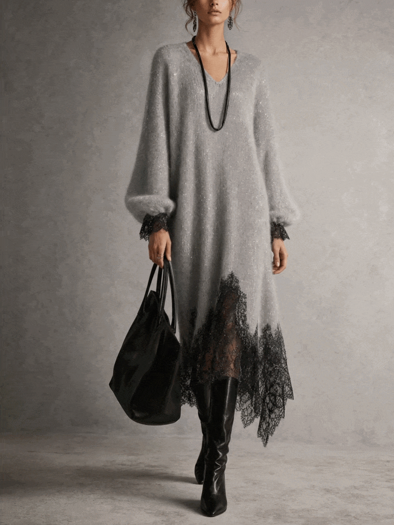 Vestido midi gris de punto con bajo de encaje — Imagen 2