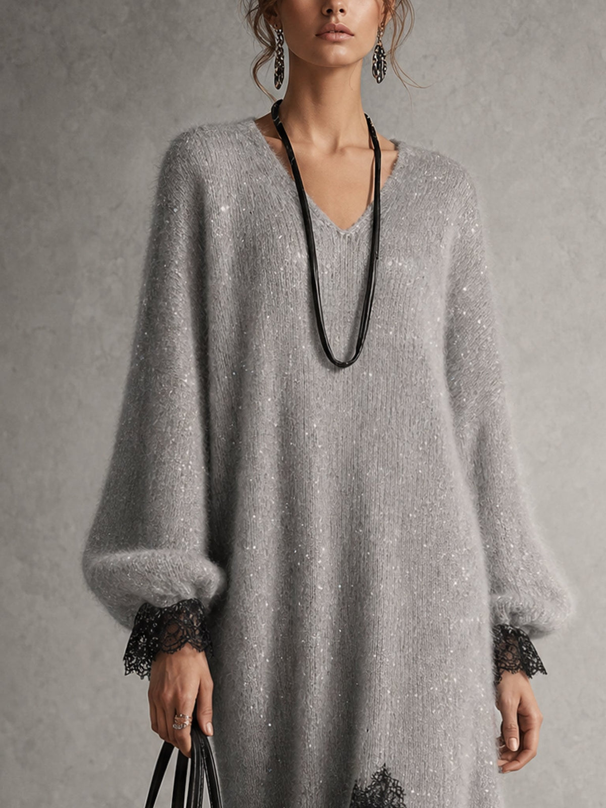 Vestido midi gris de punto con bajo de encaje — Imagen 6