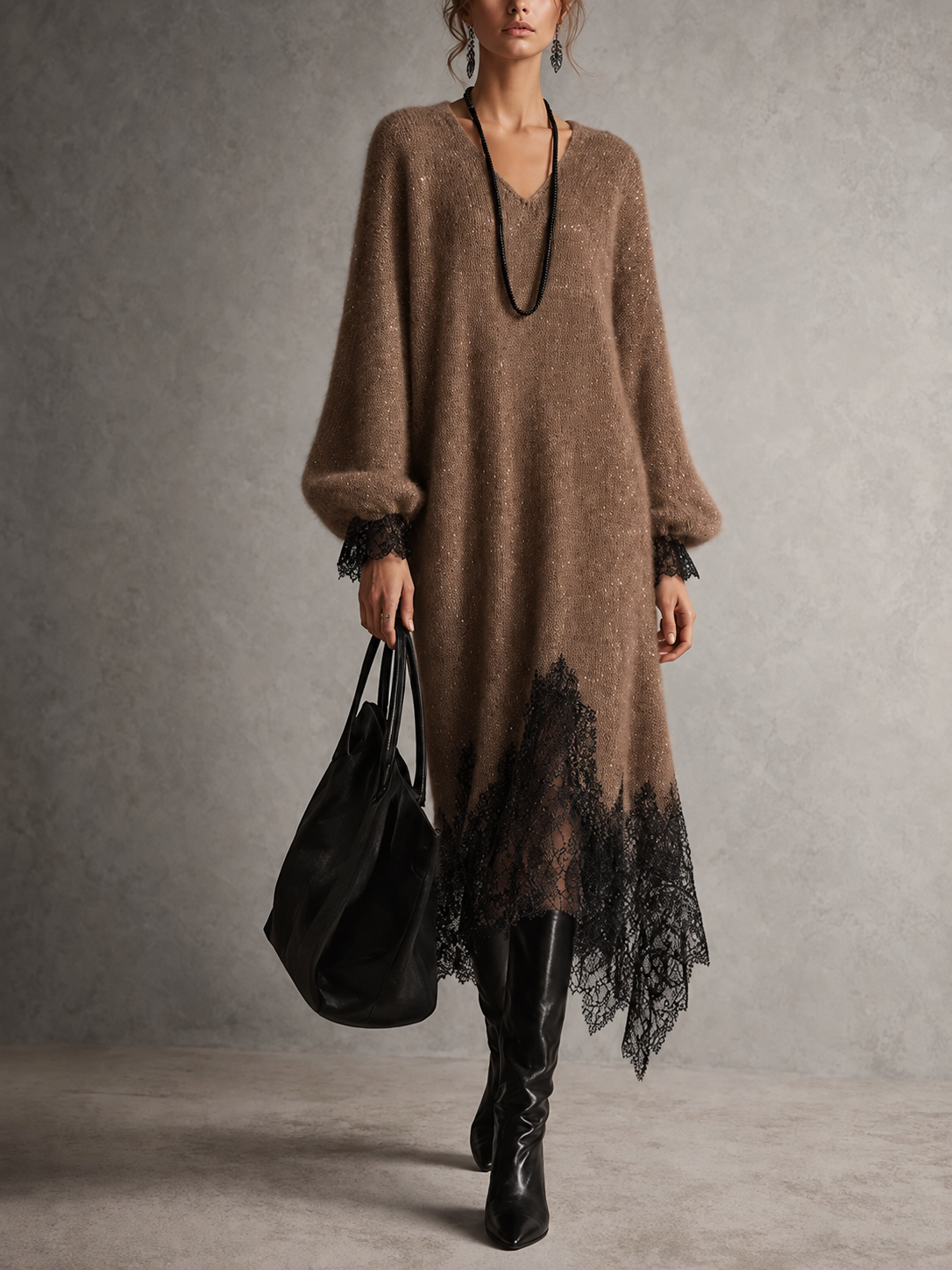 Vestido midi gris de punto con bajo de encaje — Imagen 8