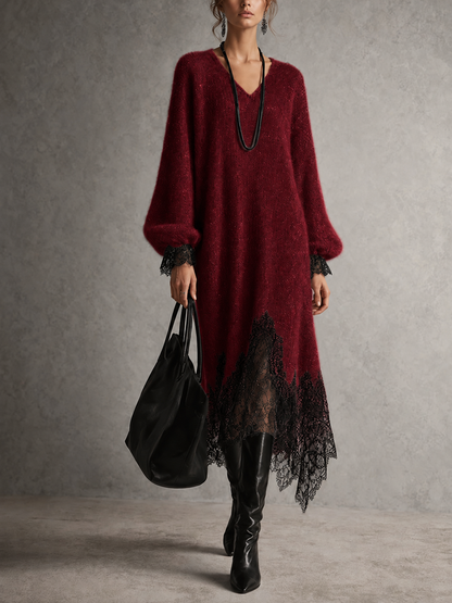Vestido midi gris de punto con bajo de encaje — Imagen 9