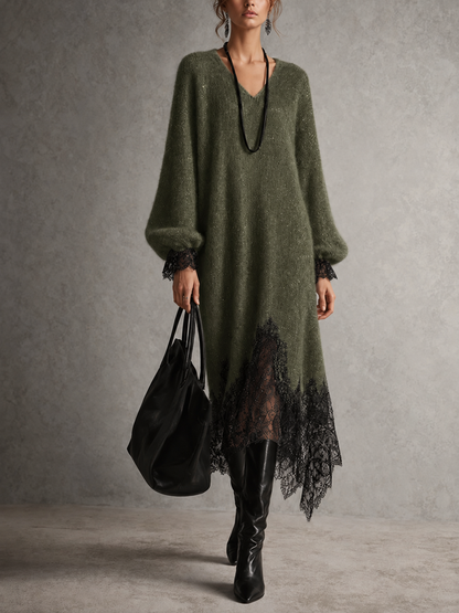 Vestido midi gris de punto con bajo de encaje — Imagen 10